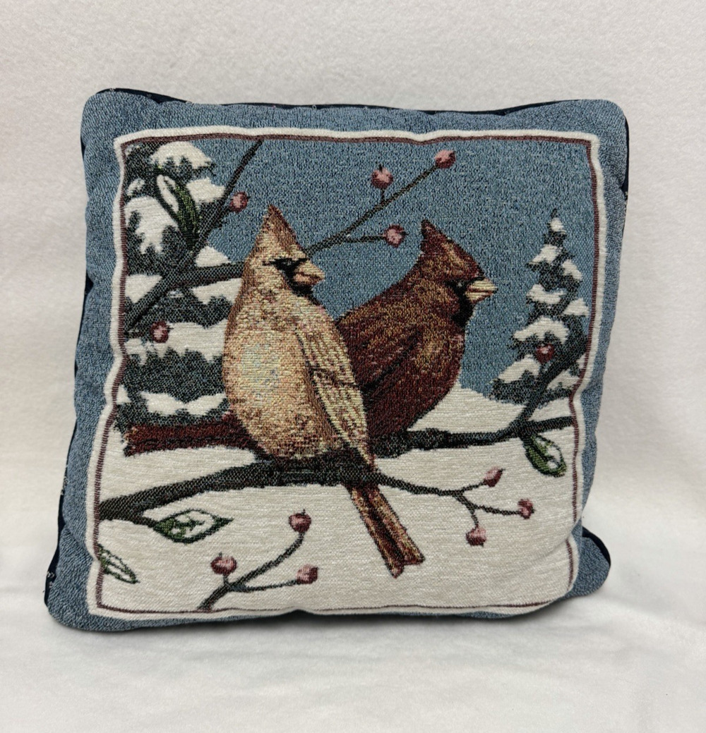Winter Cardinal Tapestry Throw Accent Pillow Snowy Forest Birds Christmas 16x16